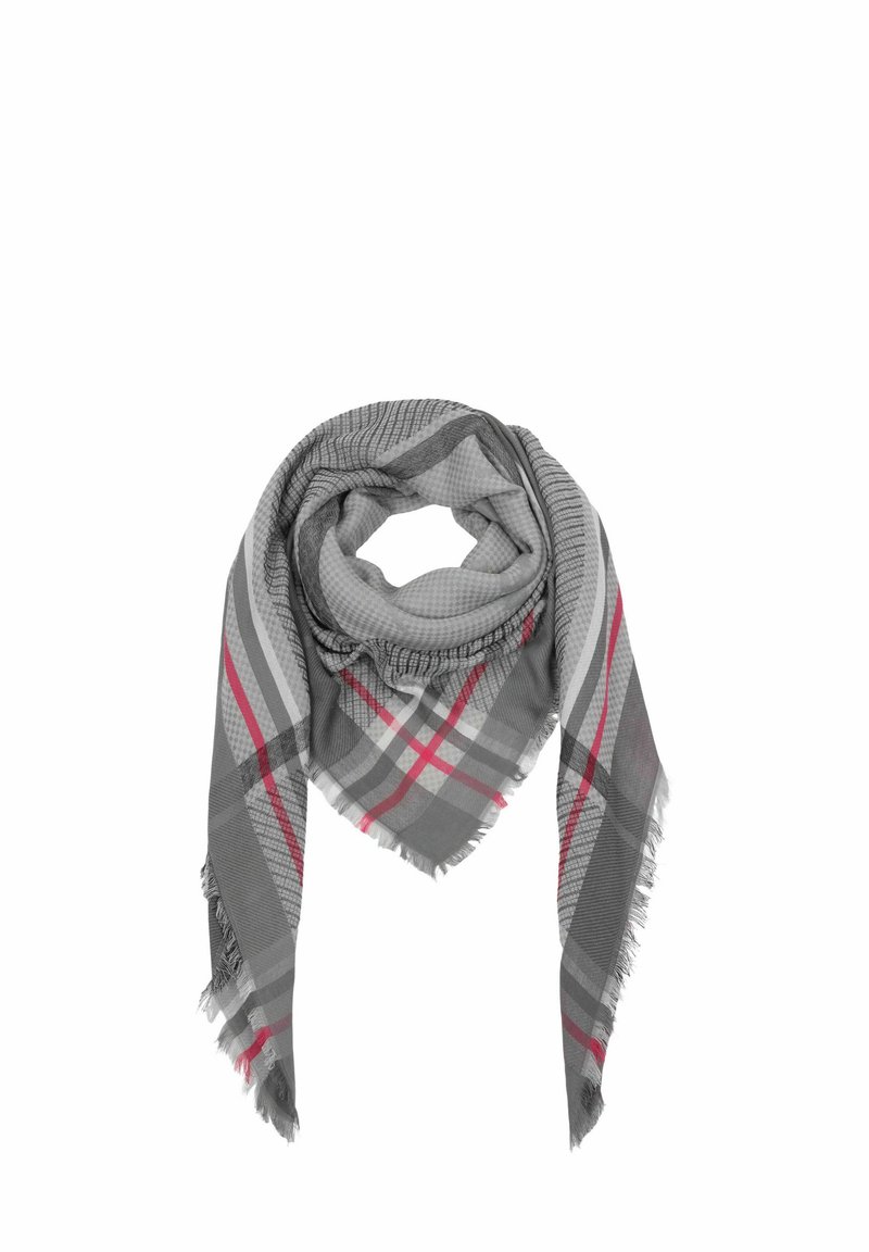 Gray plaid scarf with fringe edges, featuring a mix of light and dark gray patterns with red accents. Soft fabric texture. Triangle shape.