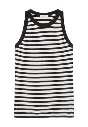 Black and white striped tank top with a round neckline, cotton material, and no sleeves. Features contrasting black trim along the neckline.