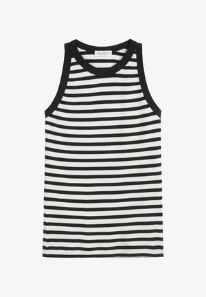 Mustrilinealine must-valge tank top ümmarguse kaelusega, puuvillane materjal ja ilma varrukateta. Omab kontrastset musta äärestust kaeluse ääres.