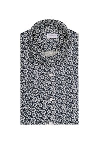 Marineblauwe button-up shirt met een wit bloemenpatroon, van katoen met een klassieke kraag en vijf witte knopen aan de voorkant.