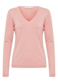 Pull en V rose en tricot doux, avec des manches longues et des poignets côtelés. Design simple sans motifs ni accents supplémentaires.