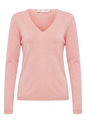 Pull en V rose en tricot doux, avec des manches longues et des poignets côtelés. Design simple sans motifs ni accents supplémentaires.