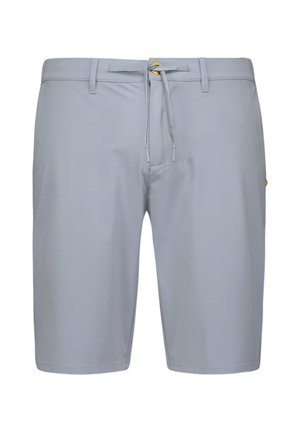 Lichtgrijze zwembroek van synthetisch materiaal, met een elastische trekkoord taille en een logo detail aan de zijkant. Glad textuur, knielengte.