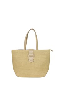 Borsa a tracolla in paglia intrecciata con manici in pelle crema e chiusura a morsetto. Forma rettangolare, superficie testurizzata e colore neutro.