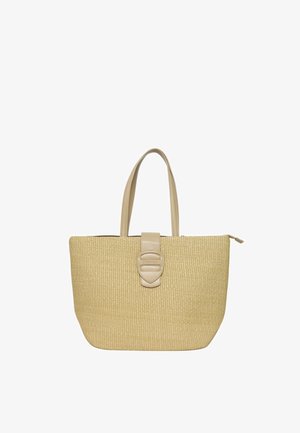 Borsa a tracolla in paglia intrecciata con manici in pelle crema e chiusura a morsetto. Forma rettangolare, superficie testurizzata e colore neutro.