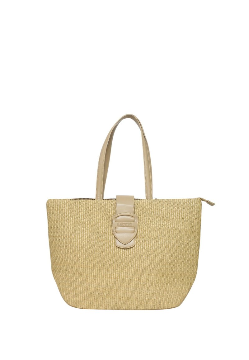 Borsa a tracolla in paglia intrecciata con manici in pelle crema e chiusura a morsetto. Forma rettangolare, superficie testurizzata e colore neutro.