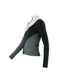 Pull-over à manches longues noir et gris avec col blanc. Présente un col zippé mi-hauteur à l'avant et un design de blocs de couleur en angle. Matière douce et extensible.