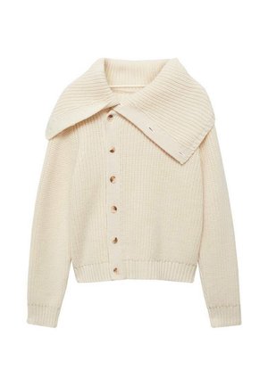Cardigan tricoté de couleur crème avec un large col côtelé, fermeture à boutons sur le devant et motif texturé. Présente des poignets et un ourlet côtelés.