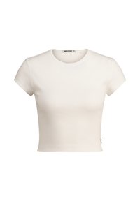 Crop top bianco a maniche corte con scollatura rotonda. Caratterizzato da un piccolo tag del marchio sul lato sinistro in basso. Tessuto liscio.