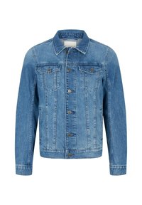 Blå denimjacka med en klassisk design, inklusive två bröstfickor, silverknappar och synliga sömnadsdetaljer.