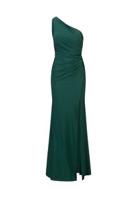 Ein einseitig offenes grünes Kleid aus glattem Material, das an der Taille Raffung und einen seitlichen Schlitz für Bewegungsfreiheit aufweist. Figurumspielende Passform.