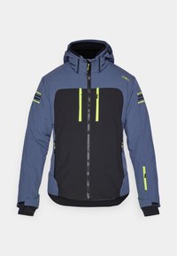 Chaqueta azul y negra con cierre de cremallera, dos bolsillos frontales y detalles reflectantes. Incluye capucha y un acabado texturizado.