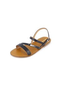 Black leather sandal with two horizontal straps and a back strap. Brown insole with white stitching and a silver metal buckle detail.
