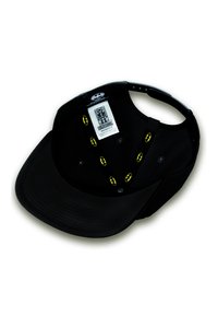 Black cap with a flat brim and interior patterned with yellow Batman logos. Features an adjustable strap and a labeled inner tag.