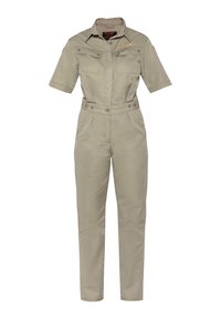 Mono de tirantes corto beige con cierre de botones en el frente, dos bolsillos en el pecho y una cinturilla. Fabricado en una resistente mezcla de algodón.