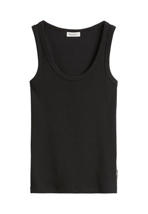 Schwarzes Tank-Top aus geripptem Stoff. Merkmale einen runden Halsausschnitt und schmale Träger. Etikett am unteren Rand sichtbar.