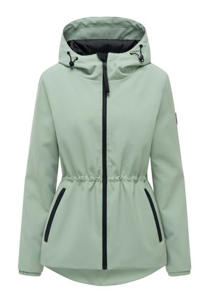 Veste à capuche vert clair avec fermeture éclair noire, cordon de serrage réglable à la taille, poignets élastiques et poches latérales bordées de noir.