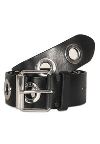 Cintura in pelle nera con occhielli circolari in argento e una fibbia metallica, caratterizzata da una trama liscia e un design classico e funzionale.