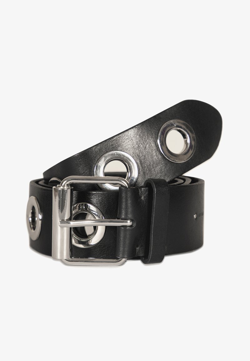 Black leather belt with circular silver grommets and a metallic buckle, featuring a smooth texture and a classic, functional design.