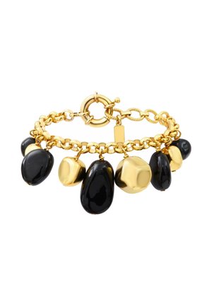 Bracelet chaîne en or avec des breloques alternées grandes noires et dorées de forme irrégulière et une fermeture à boucle ronde.