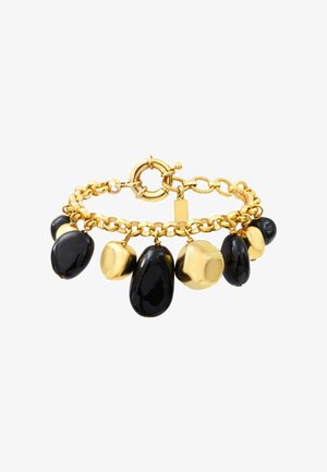 Bracelet chaîne en or avec des breloques alternées grandes noires et dorées de forme irrégulière et une fermeture à boucle ronde.