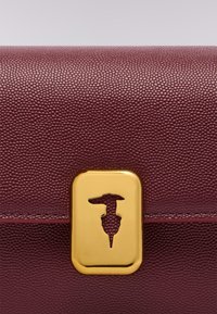 Borsa in cuoio testurizzato borgogna con una fibbia rettangolare in tono oro con design a intaglio. Finitura liscia con grana visibile.