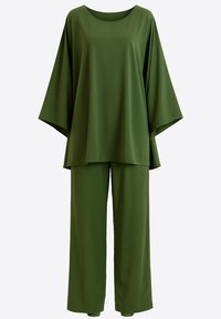 Green two-piece outfit featuring a loose-fitting, short-sleeve top and wide-leg pants in a smooth, lightweight fabric.