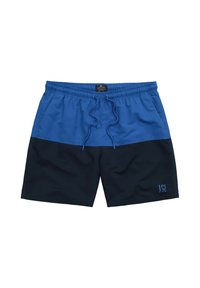 Pantaloni da bagno blu e navy con cintura elastica, cordino e dettaglio del logo in basso a sinistra. Tessuto morbido, taglio atletico.