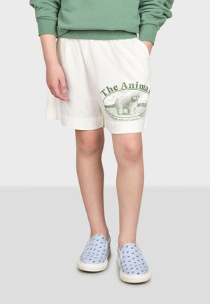 Vita shorts med grönt grafiskt tryck som visar en björn och texten "The Animal Observatory." Bärs med ljusblå mönstrade slip-on skor.