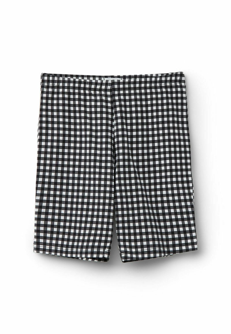 Černobílé kostkované kraťasy s elastickým pasem, vyrobené z lehkého materiálu, s délkou ke kolenům a hladkou texturou.
