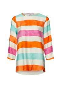 Gestreifte Hemd in vielen Farben mit horizontalen Streifen in Orange, Pink, Türkis und Creme. Weicher Stoff mit lockerer Passform und Dreiviertelärmeln.