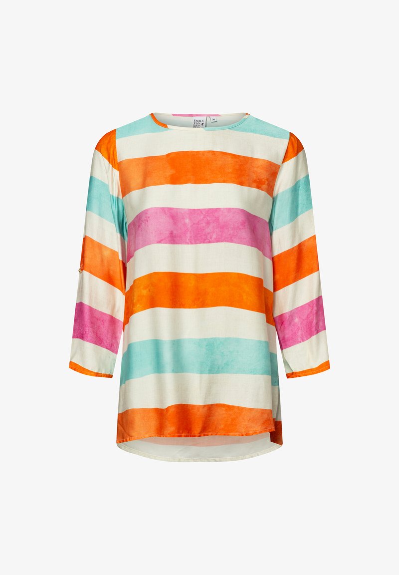 Gestreifte Hemd in vielen Farben mit horizontalen Streifen in Orange, Pink, Türkis und Creme. Weicher Stoff mit lockerer Passform und Dreiviertelärmeln.