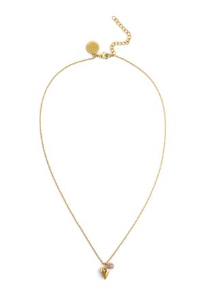 Delikatny naszyjnik z cienkiego złotego łańcuszka z małą zawieszką w kształcie serca oraz okrągłym różowym kamieniem szlachetnym, zapinany na karabińczyk, z regulowanym przedłużeniem.