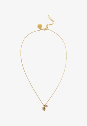 Zarte goldene Halskette mit kleinem Herzanhänger und rundem rosa Edelsteinanhänger, Karabinerverschluss und verstellbarer Verlängerungskette.