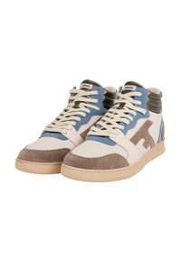 Hoge sneakers met een combinatie van blauw, wit en grijs suede en leer. Geperforeerd teengebied, beige rubberen zool en crèmekleurige veters.