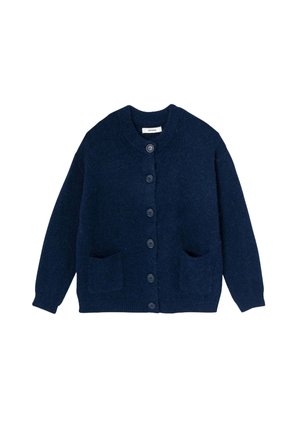 Cardigan bleu marine en tissu tricoté doux, avec un col rond, six boutons et deux poches avant. Finition texturée.