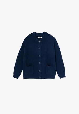 Cardigan bleu marine en tissu tricoté doux, avec un col rond, six boutons et deux poches avant. Finition texturée.