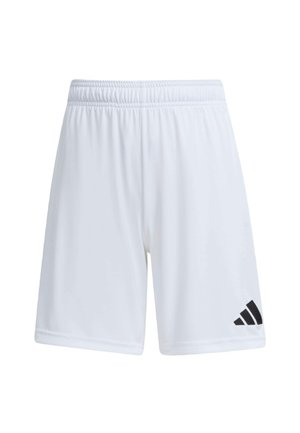 Witte sportshorts met elastische tailleband en een zwart Adidas-logo op het linkeronderbeen.