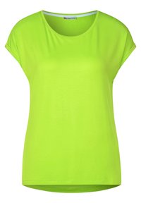 Neon zelené tričko s krátkým rukávem a kulatým výstřihem, vyrobené z lehkého materiálu, s volnějším střihem a ohrnutými manžetami.