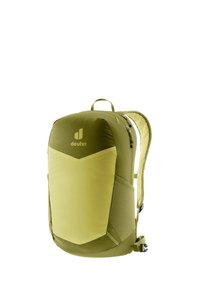 Mochila de dos tonos verdes con una estructura semirrígida, espalda acolchada, correas ajustables y logo de la marca en la parte frontal; cuenta con un compartimento con cremallera.