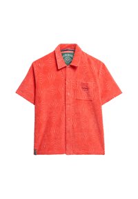 Chemise à manches courtes rouge, boutonnière, en tissu éponge avec un motif de toile d'araignée en relief, dotée d'une poche poitrine et d'une étiquette de marque.