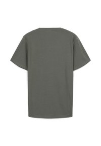 T-shirt in cotone verde oliva con colletto a giro, maniche corte e orlo dritto. Il tessuto sembra leggero e liscio. Nessuna grafica visibile.