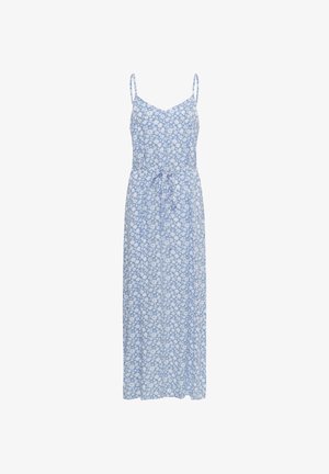 Vestido maxi azul con estampado floral blanco, tirantes finos, escote en V y cinturón para atar en la cintura.