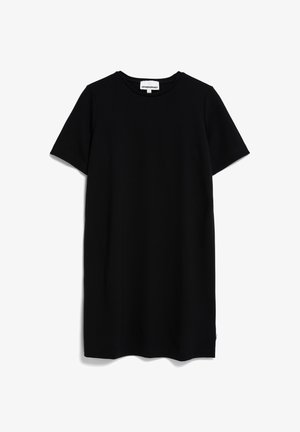 Zwarte jurk met korte mouwen van een gladde stof, met een ronde halslijn en een comfortabele pasvorm. Geen zichtbare patronen of accenten.