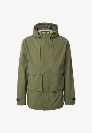 Roheline kapuutsiga välisjope esiluku, kahe suure klapiga tasku, rinnataskute ja reguleeritavate randmerihmadega.