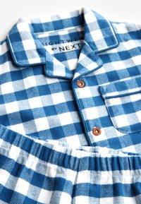 Blau-weiß kariertes Flanell-Pyjama mit braunen Knöpfen und einer Brusttasche, mit dem Etikett "Lightwear by Next".