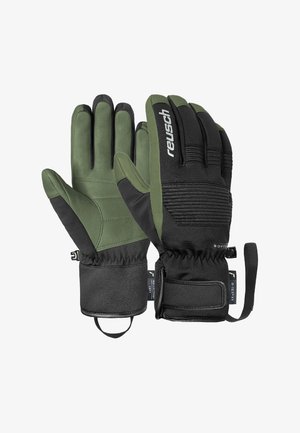 Green gloves with a textured black palm and white logo, featuring a cinched wrist strap and flexible material for insulation and grip.