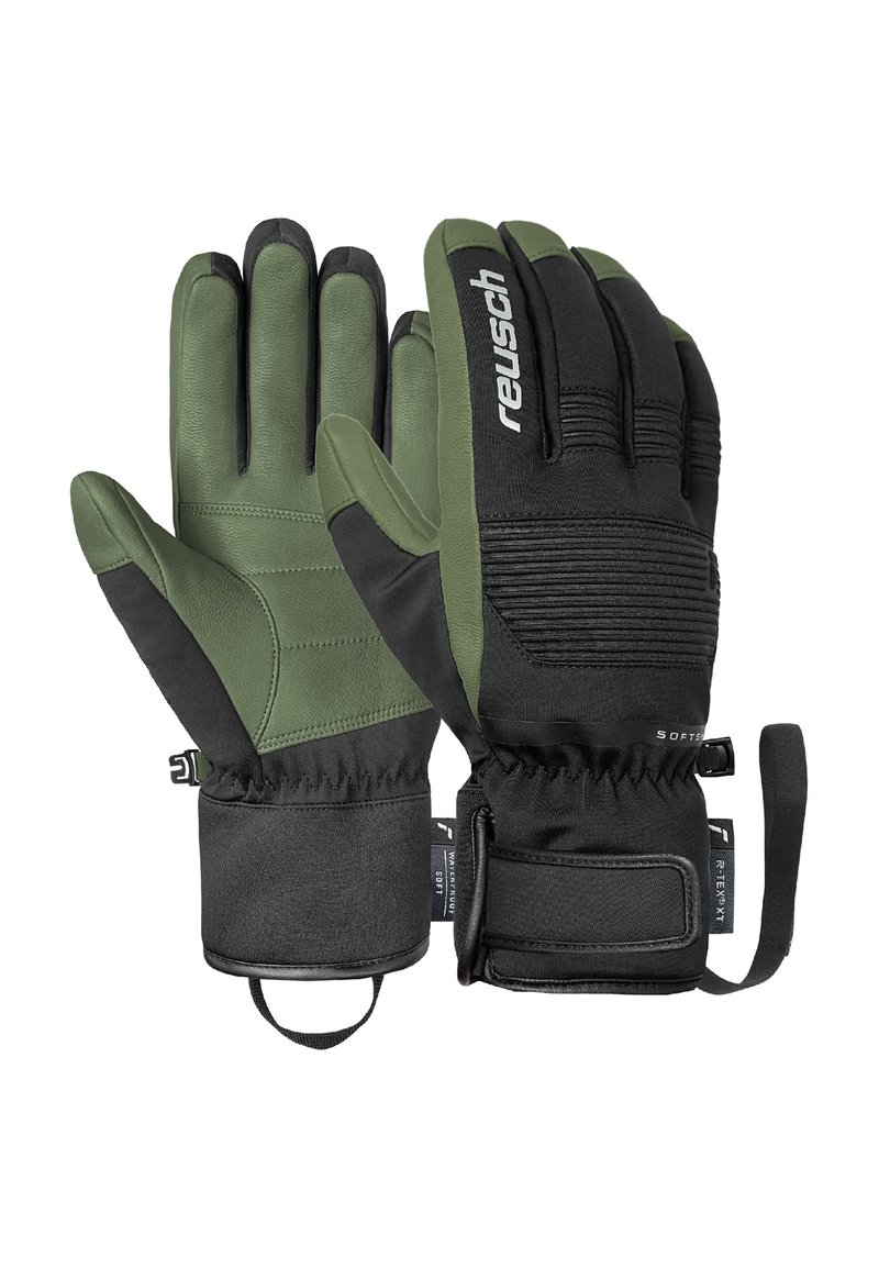 Green gloves with a textured black palm and white logo, featuring a cinched wrist strap and flexible material for insulation and grip.