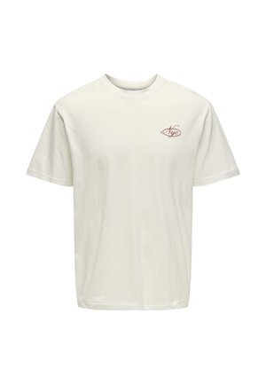 White cotton t-shirt with a round neck, short sleeves, and a small red logo on the left chest. Soft texture, relaxed fit.