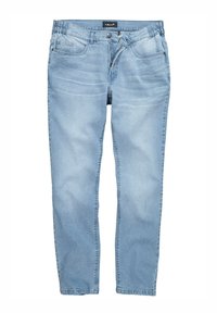 Jeans in denim azzurro chiaro con una vestibilità comoda, dotati di una vita elastica, cinque tasche e lievi scoloriture per un aspetto informale.